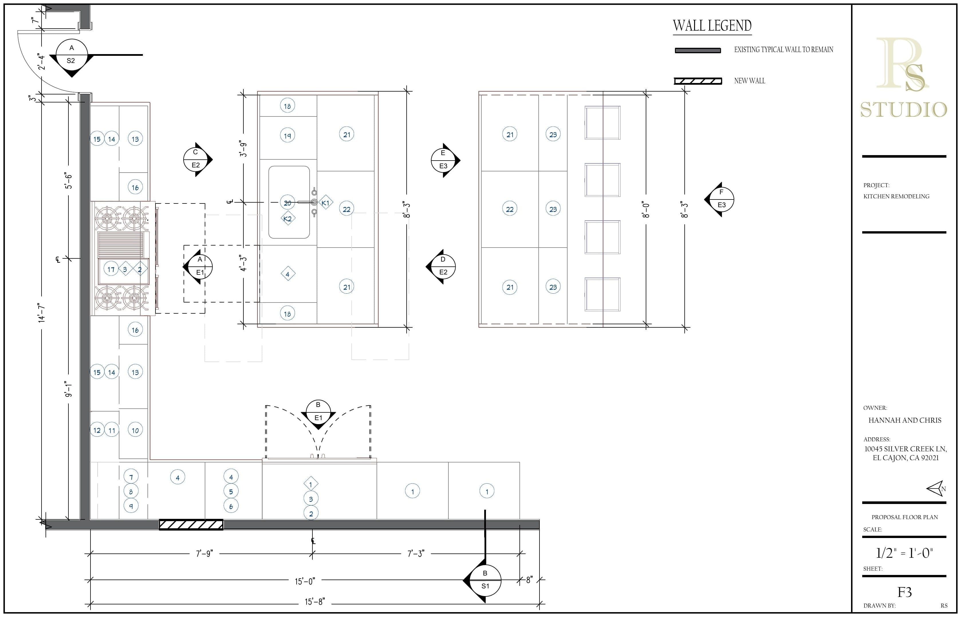 Proposal floor plan F3 with cabinet, appliance, and fixture numbering. RS Studio title block.