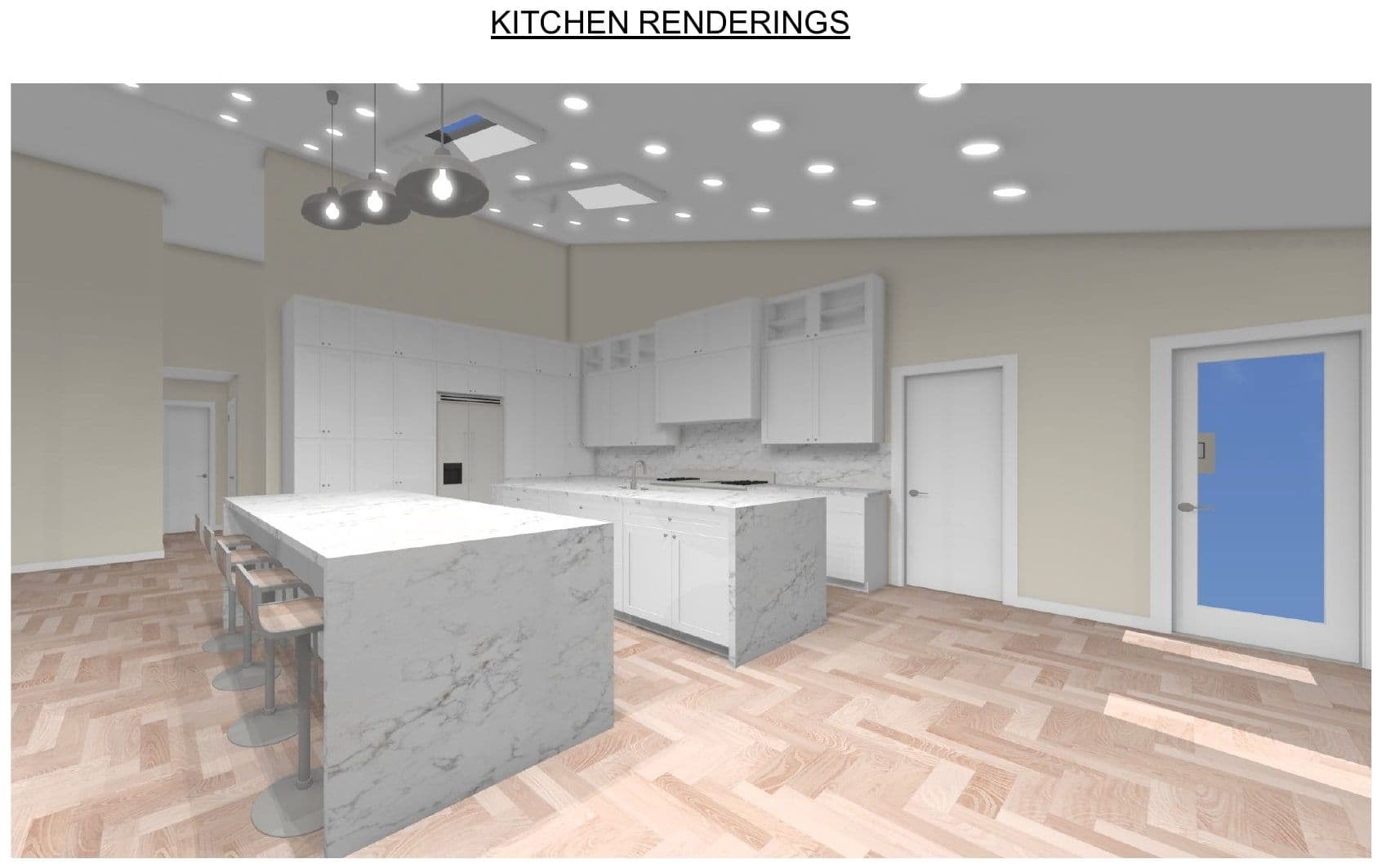 Schematic 3D rendering of the El Cajon kitchen, early scheme: white shaker cabinets, marble waterfall island, vaulted ceiling.