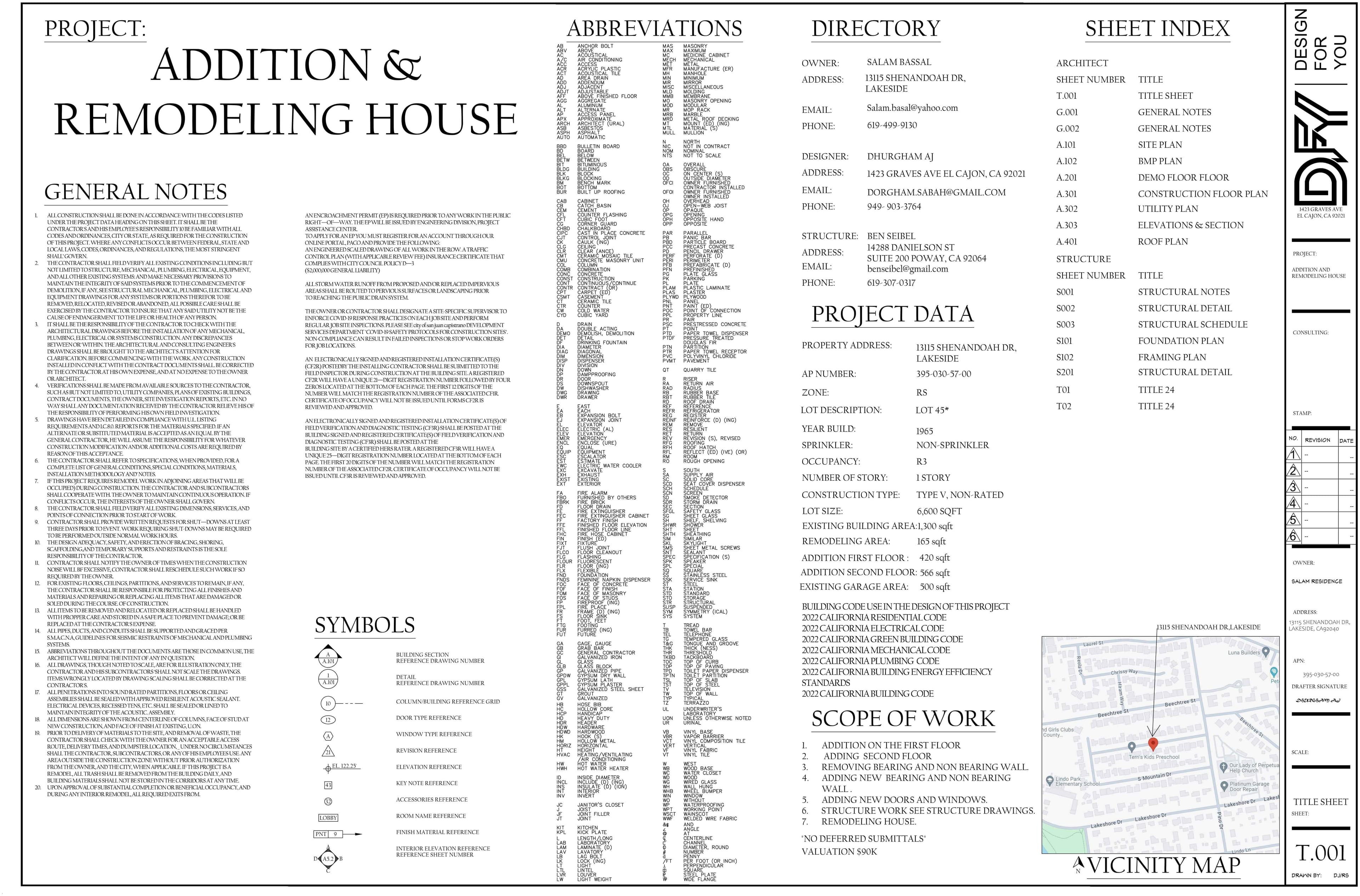 Title sheet T.001 — project data, scope of work, and vicinity map for the Lakeside second-story addition.