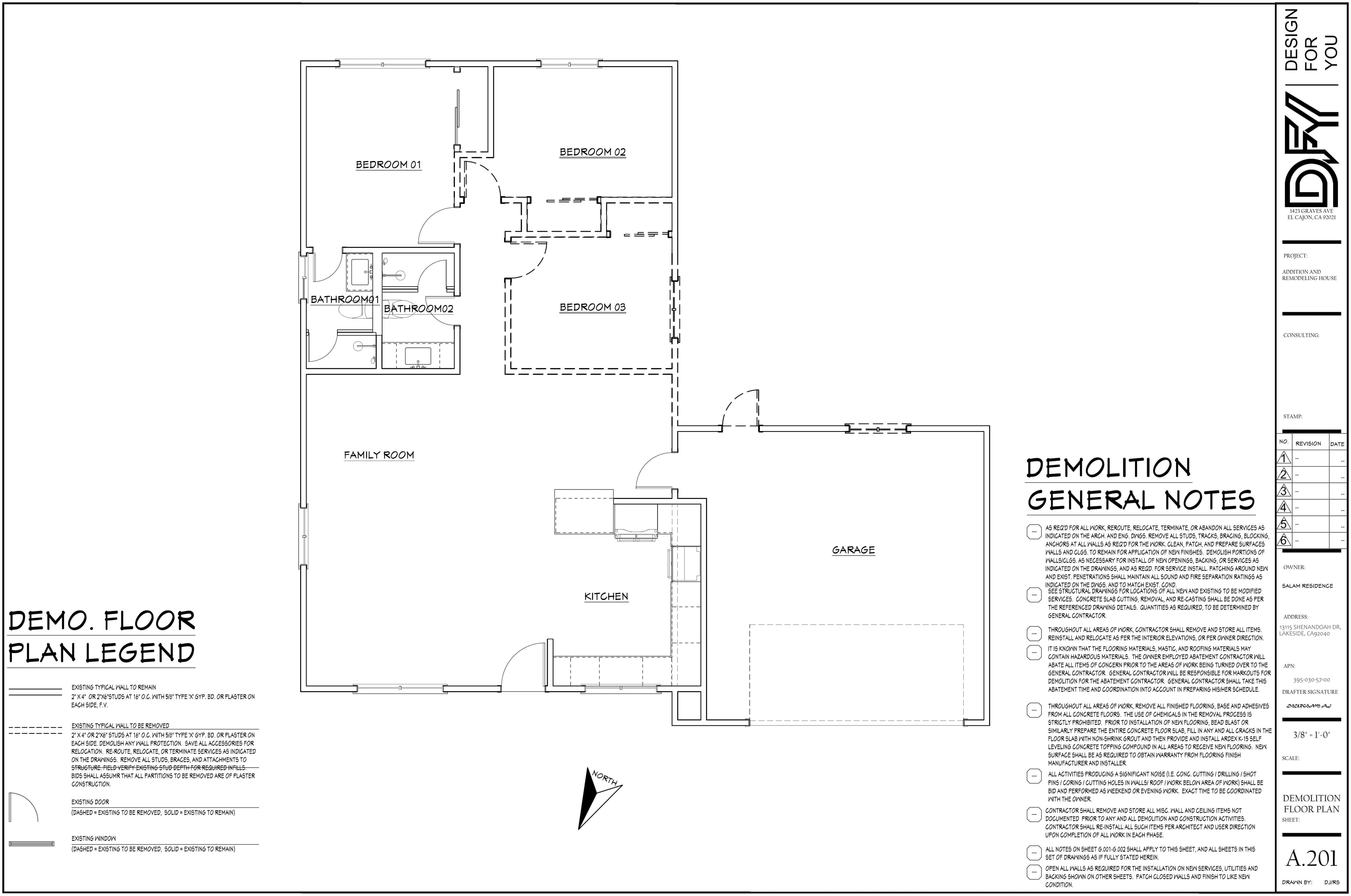 Demolition floor plan A.201 of the existing single-story ranch.