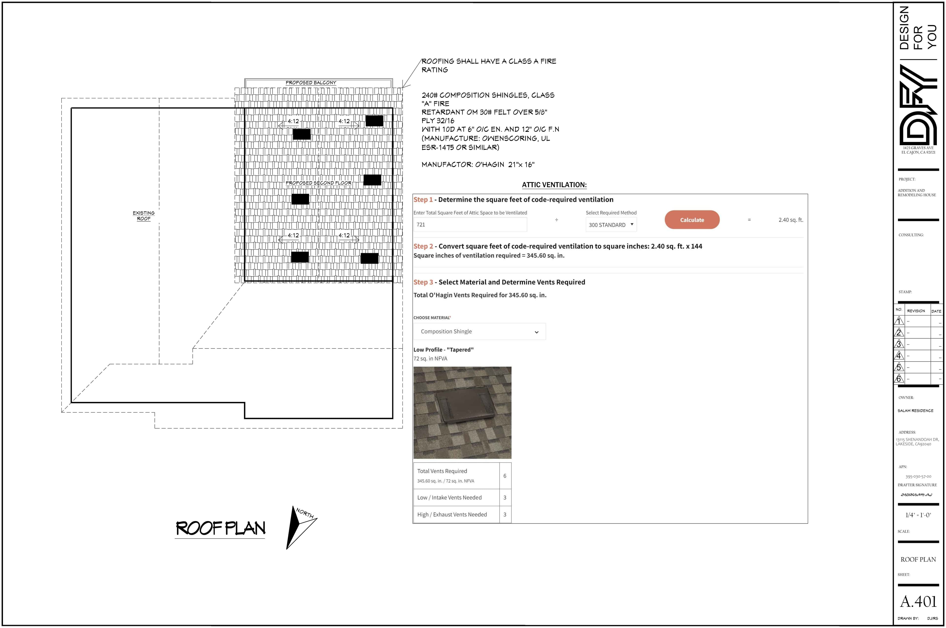 Roof plan A.401 with slope direction and ridge layout.