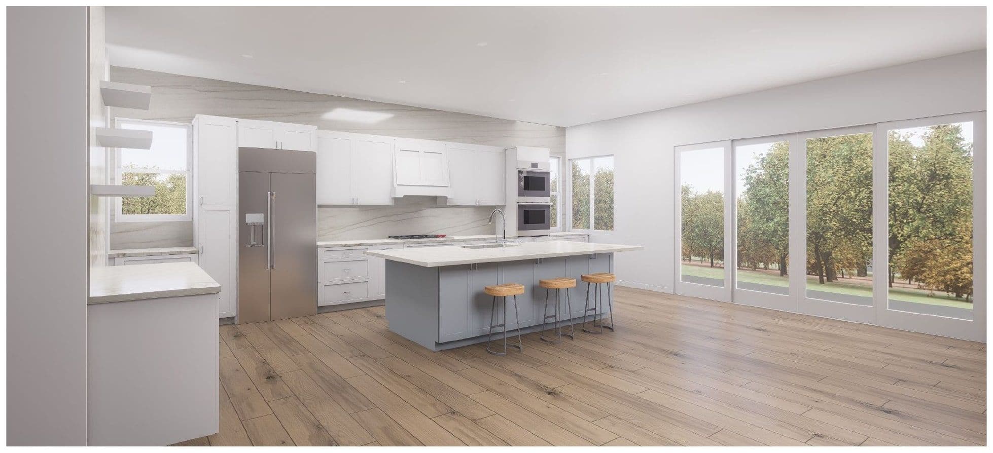 Kitchen rendering with dark wood cabinets and brass hardware.