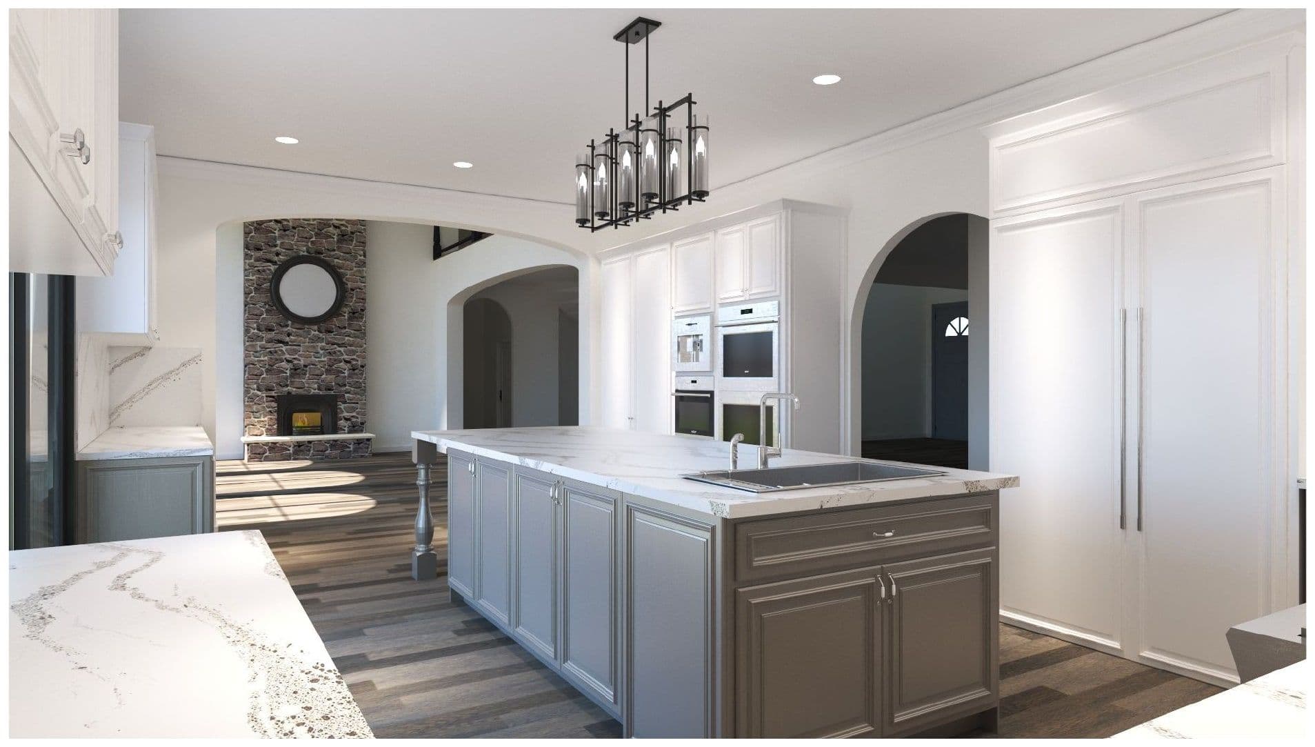 Transitional kitchen rendering with marble counters and a wall of cabinetry.