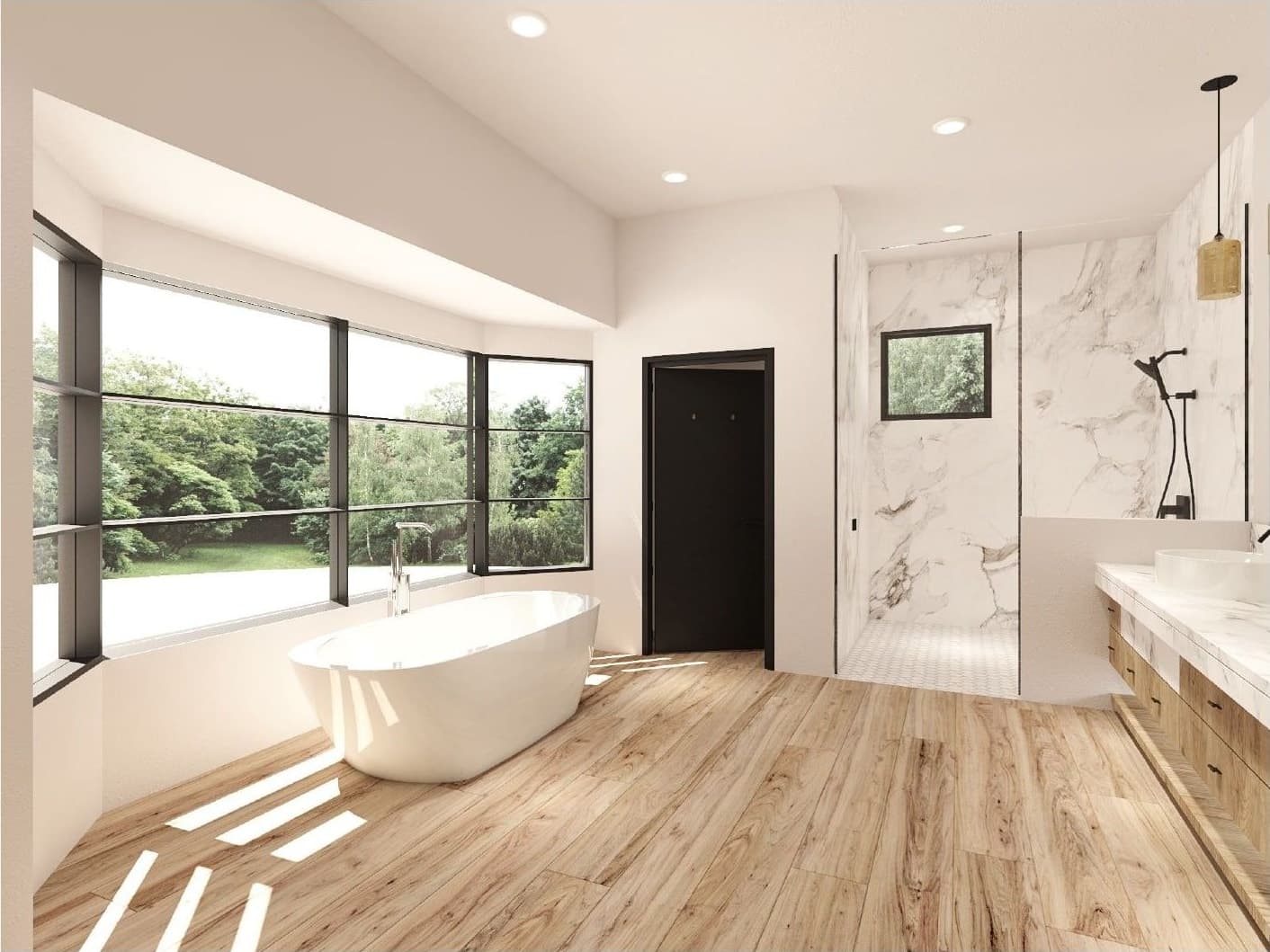 Master bath rendering wide: freestanding tub at a steel-mullion picture window, calacatta marble shower wall, oak floor.