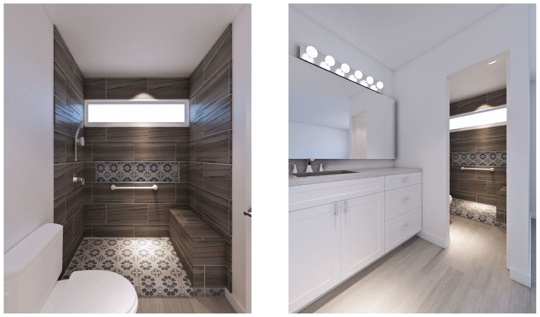 Bath with patterned floor tile and freestanding tub.