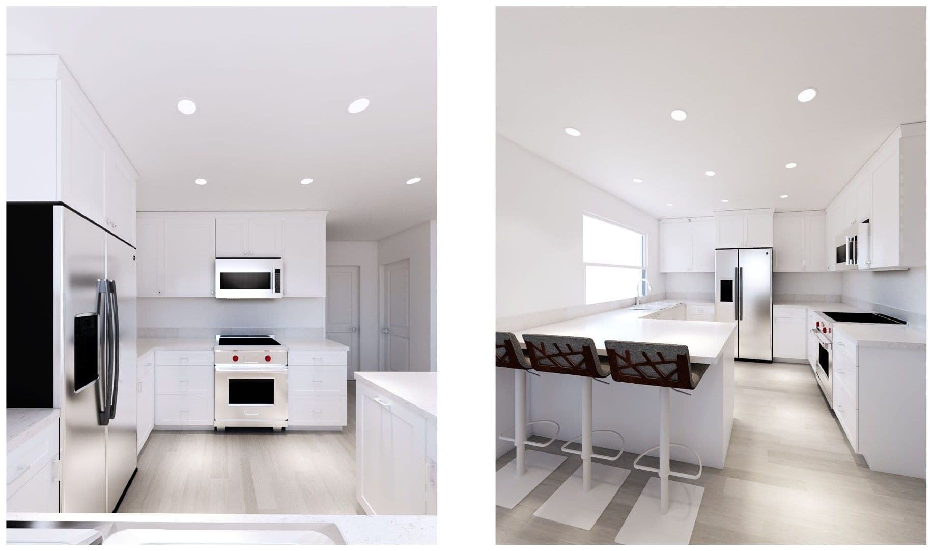 White kitchen with marble counters.