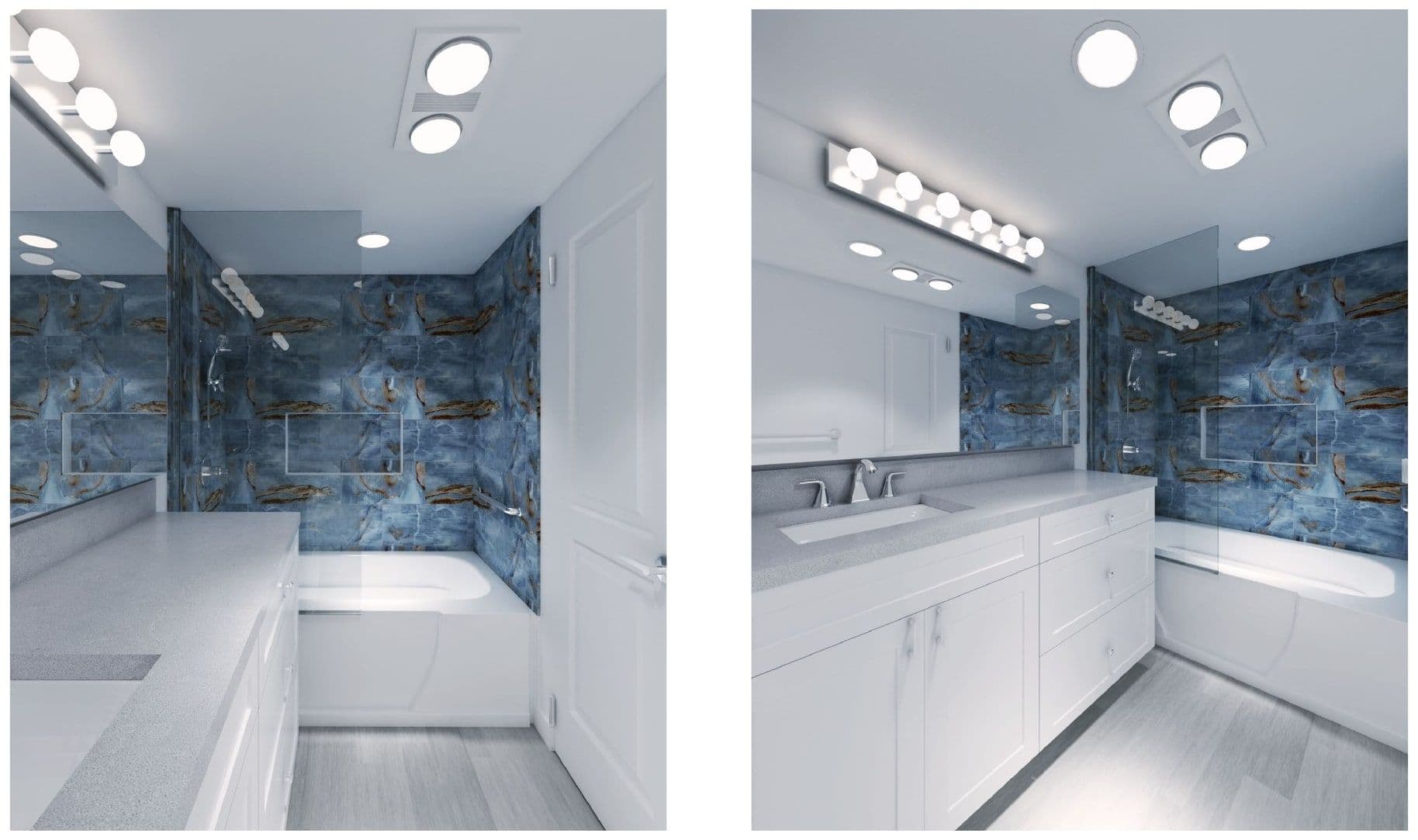 Bath with blue marble walls and sculptural fixtures.