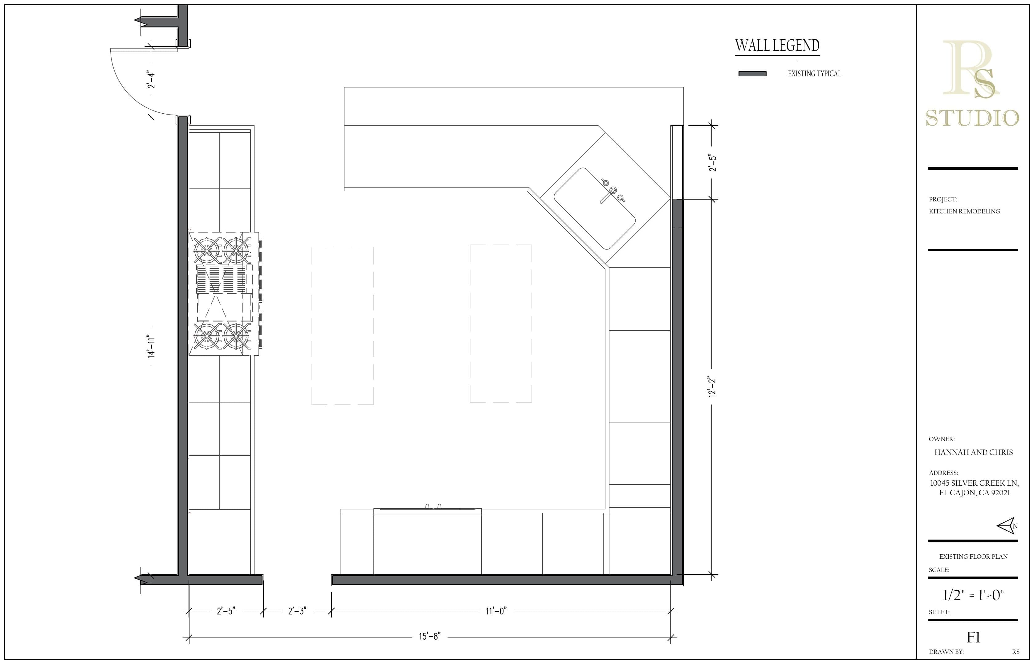 Existing floor plan F1 of the El Cajon kitchen, with overall dimensions and existing wall hatching.