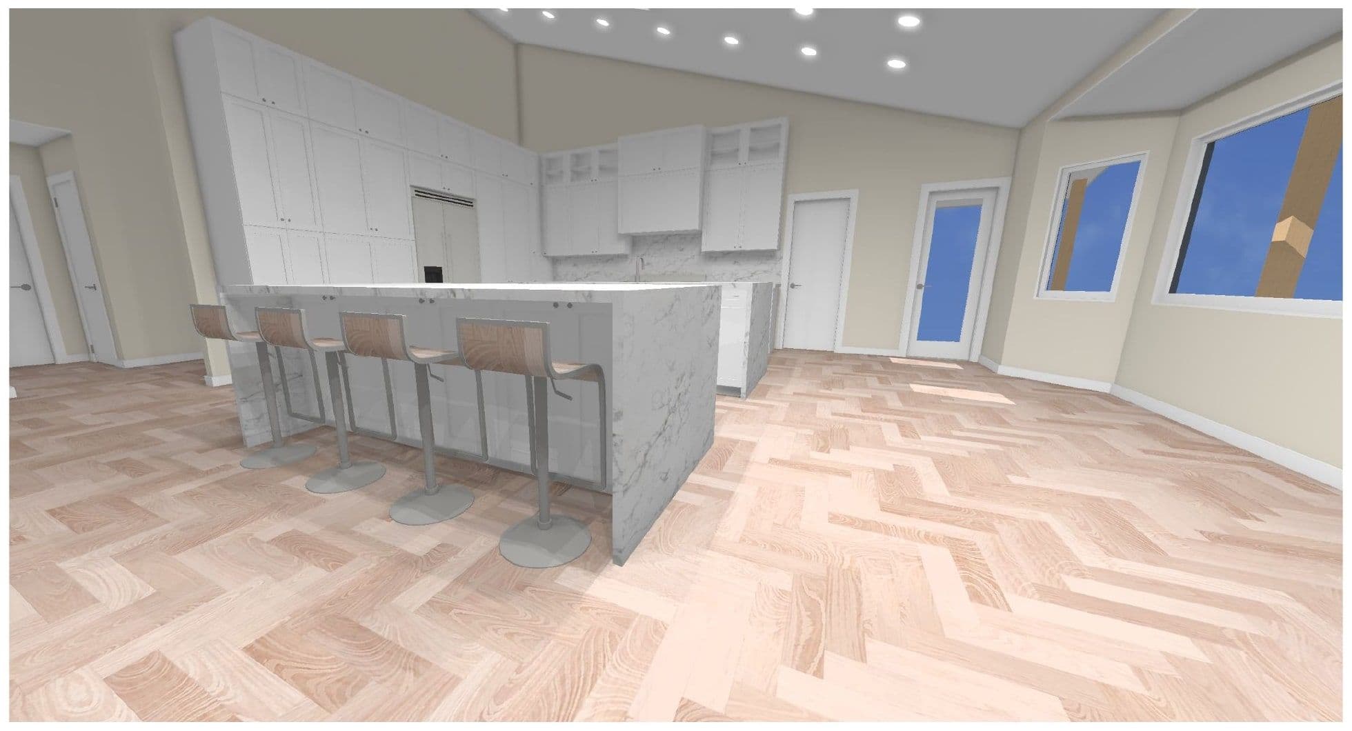 Schematic 3D rendering — perspective along the island showing pendants and vaulted ceiling.