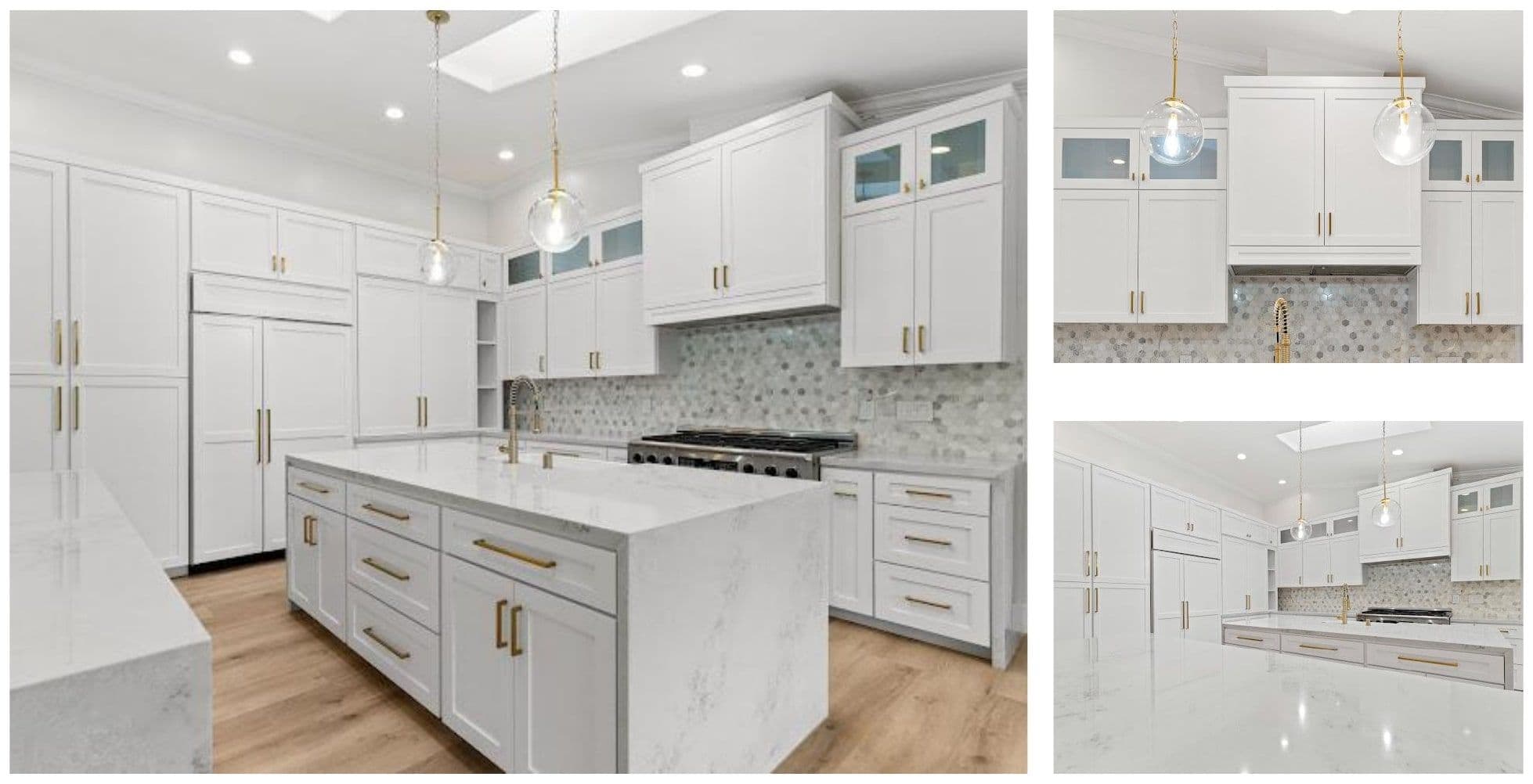 Three-up photograph of the completed kitchen — white shaker cabinets with satin brass pulls, marble waterfall island, and pendant-lit hood over a six-burner range.