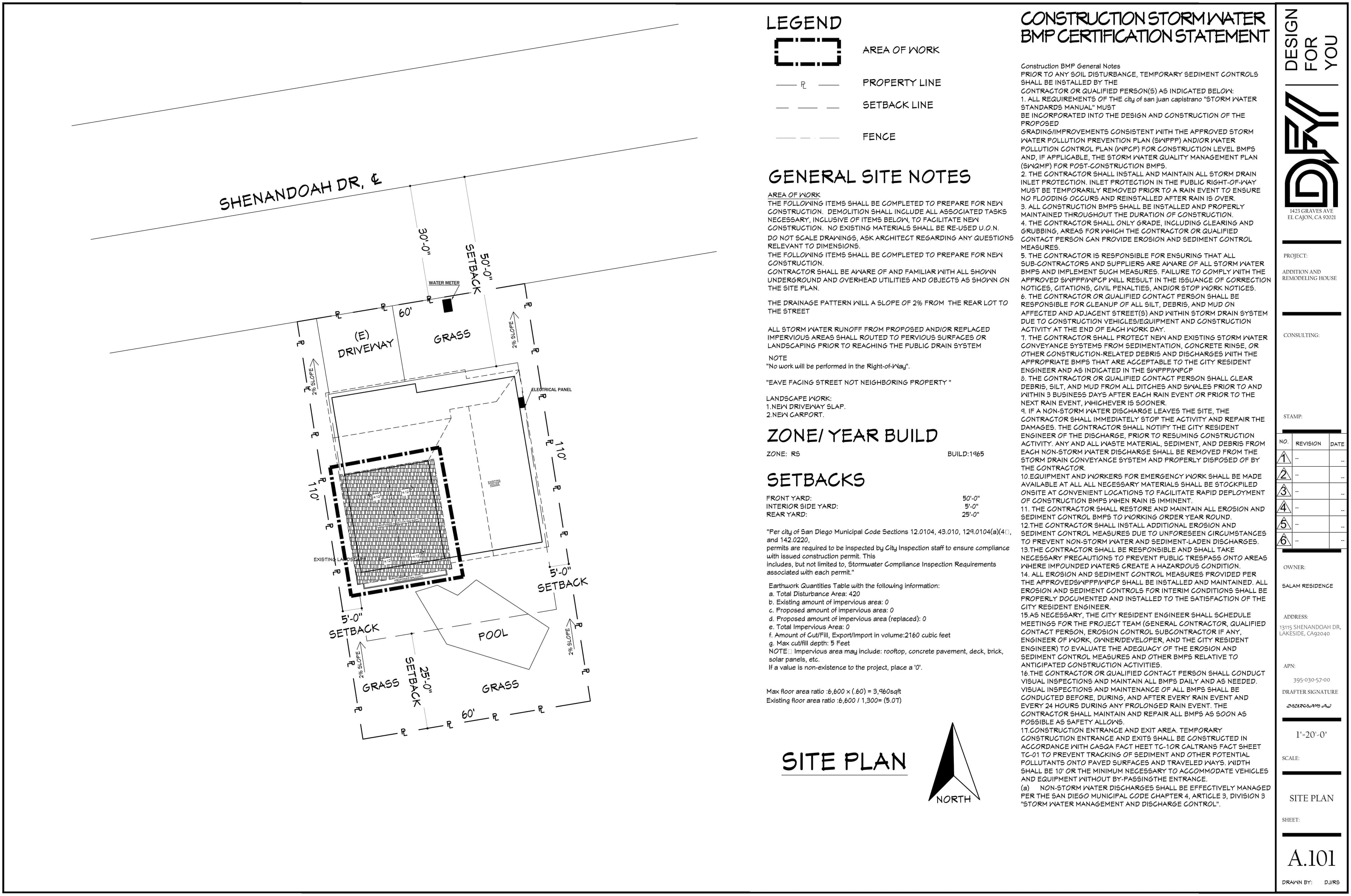 Site plan A.101 from the Lakeside addition, showing property lines, setbacks, the existing footprint, and the pool.