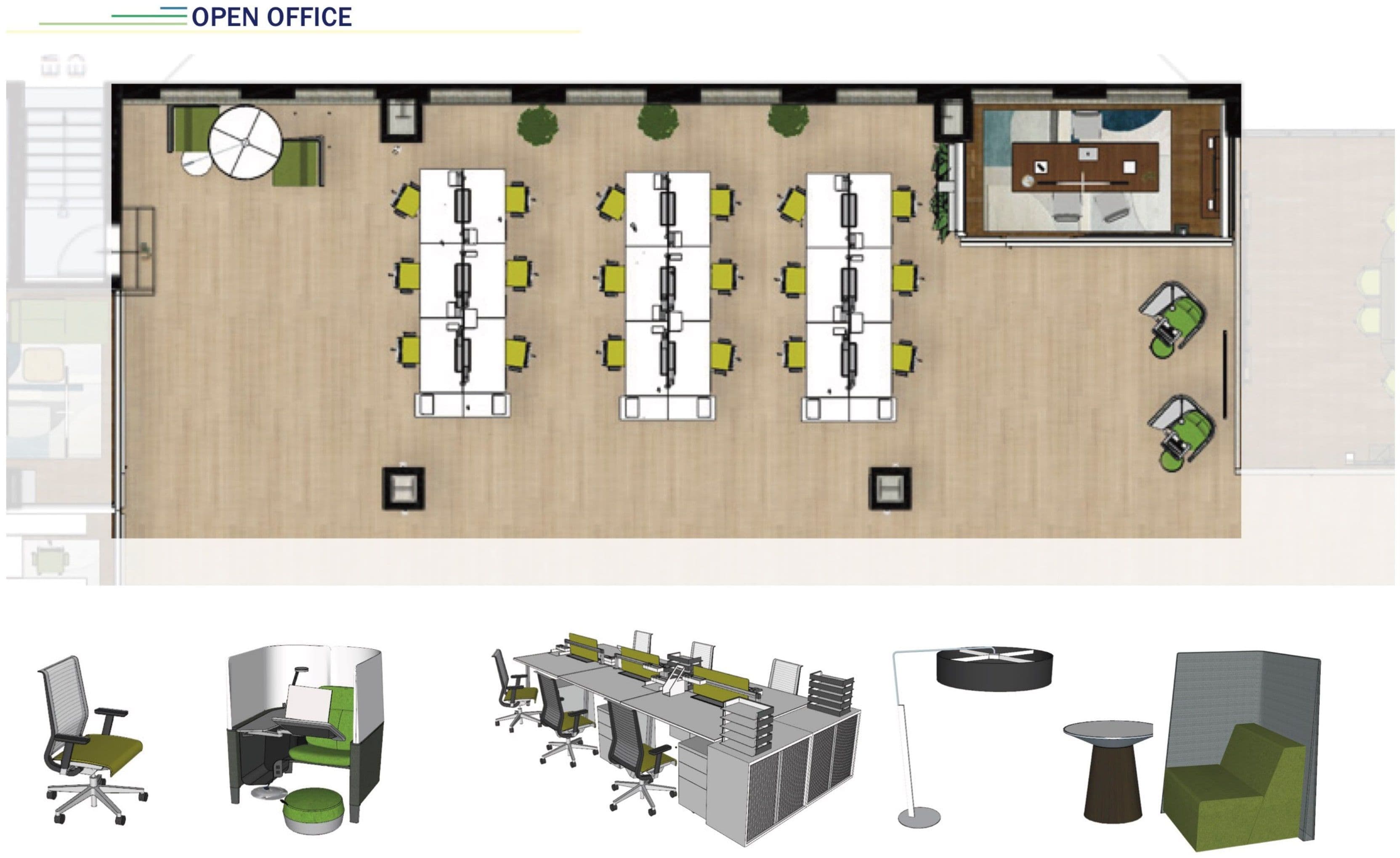 Private office interior rendering.