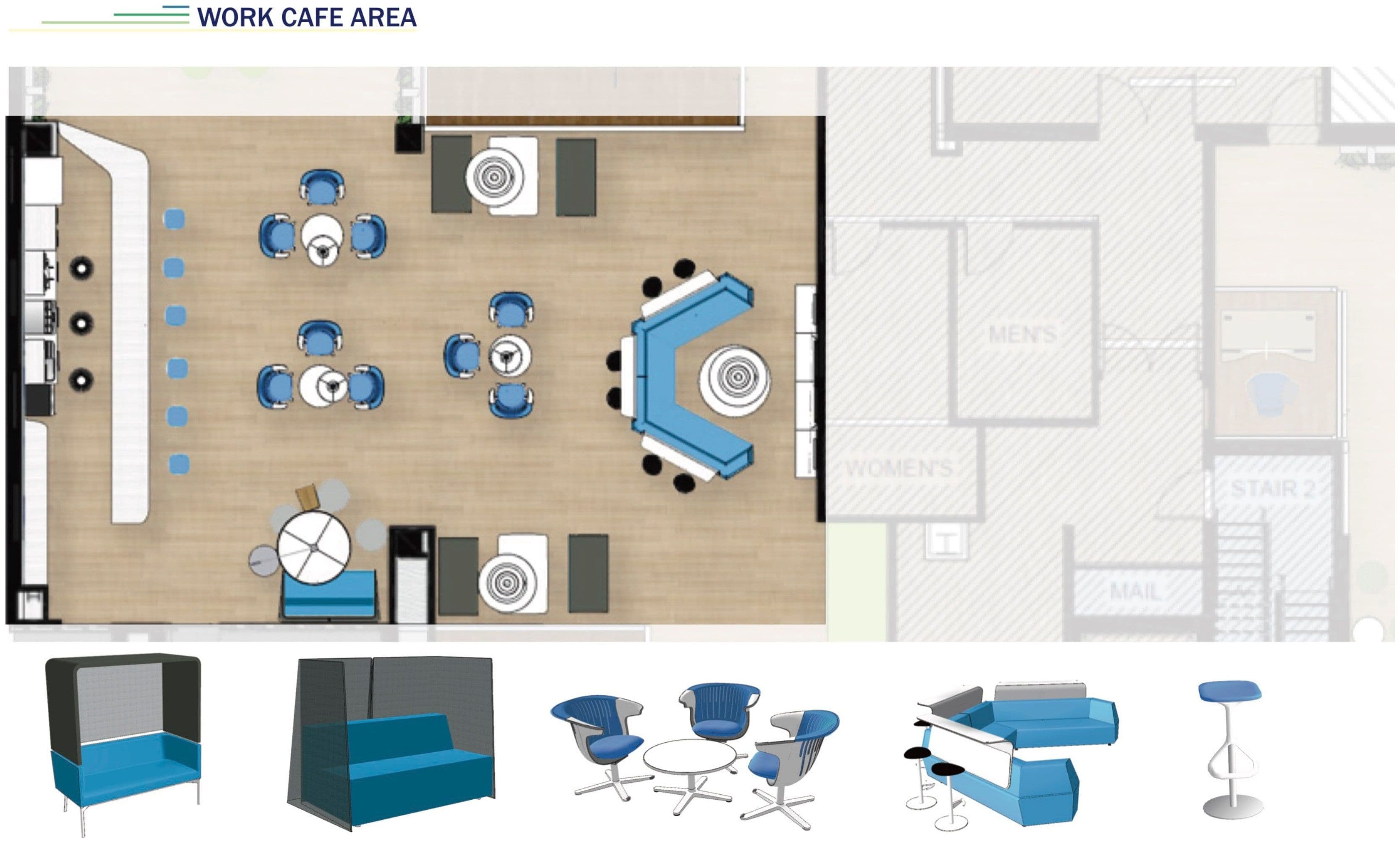 Breakroom interior rendering.