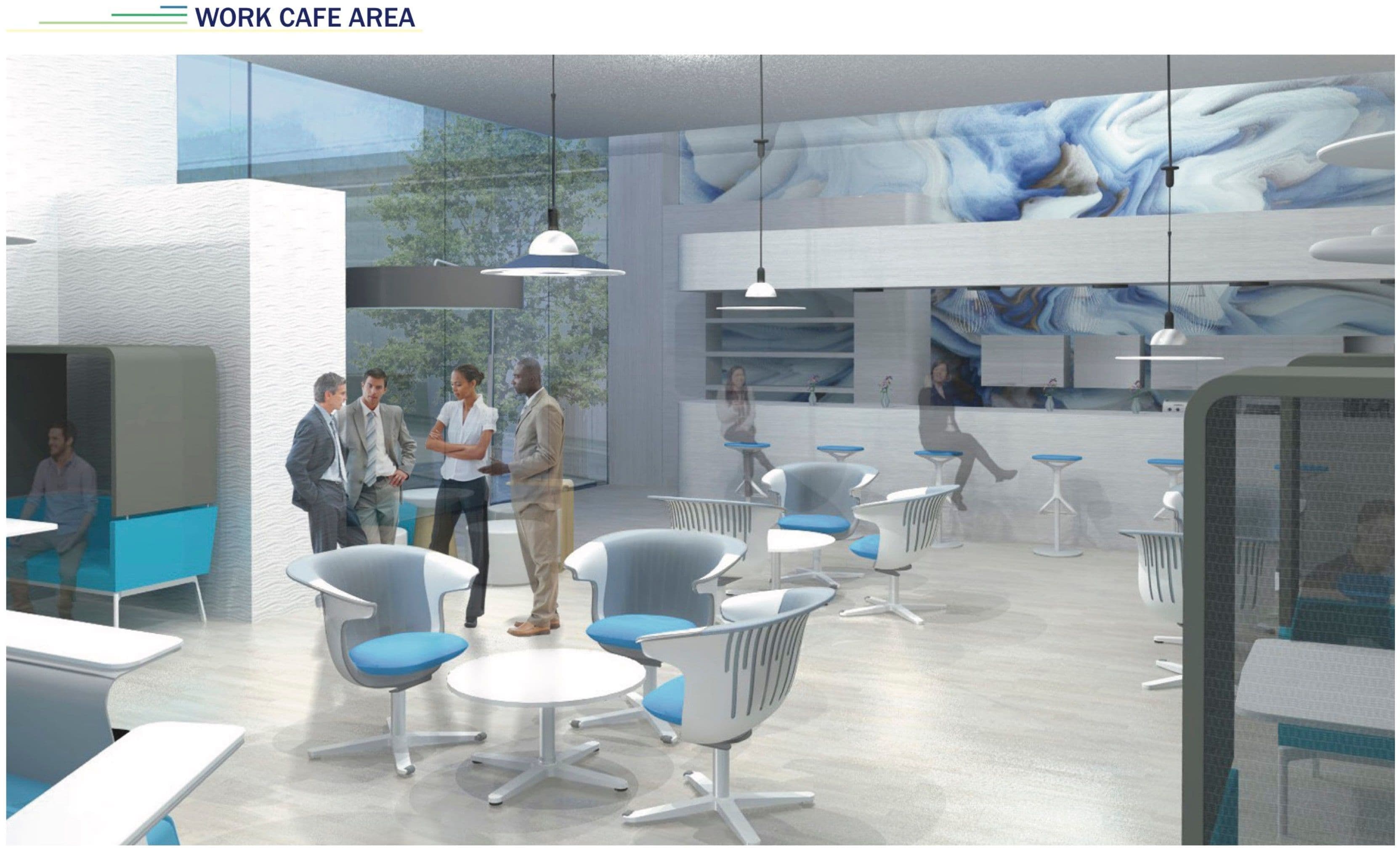 Work-cafe rendering — modular pod seating, blue accent chairs, and a feature wall pulling the office's accent colour to its loudest point.
