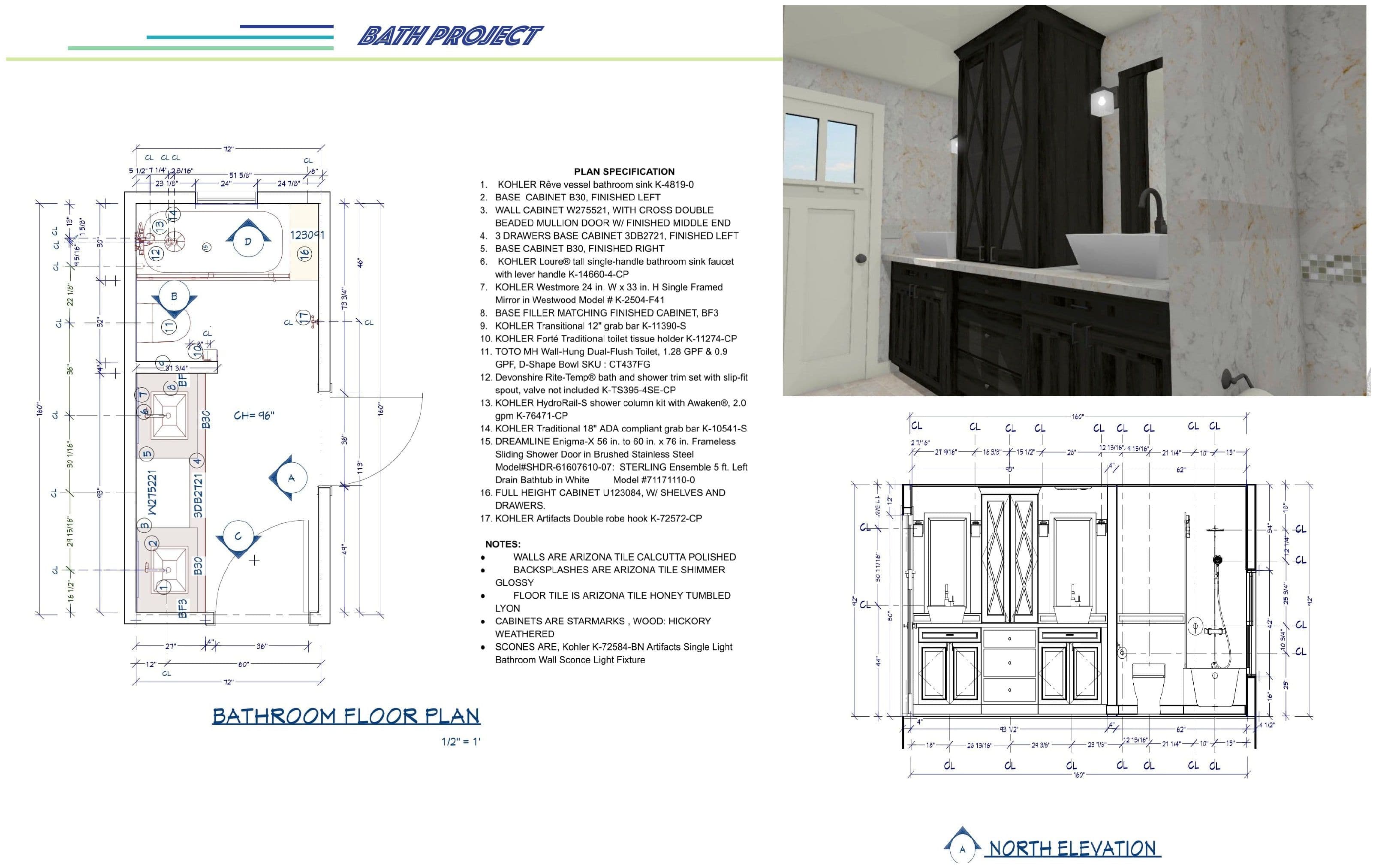 NKBA kitchen plan and rendering.