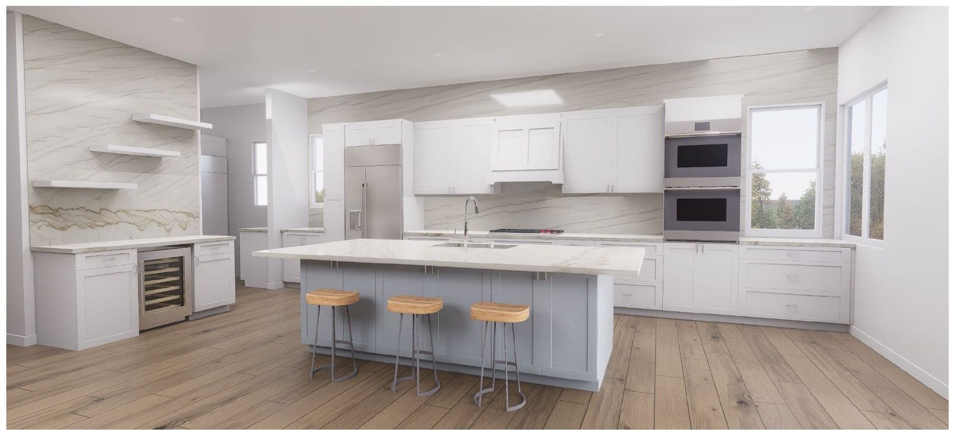 Kitchen rendering with white shaker cabinets and stone counters.